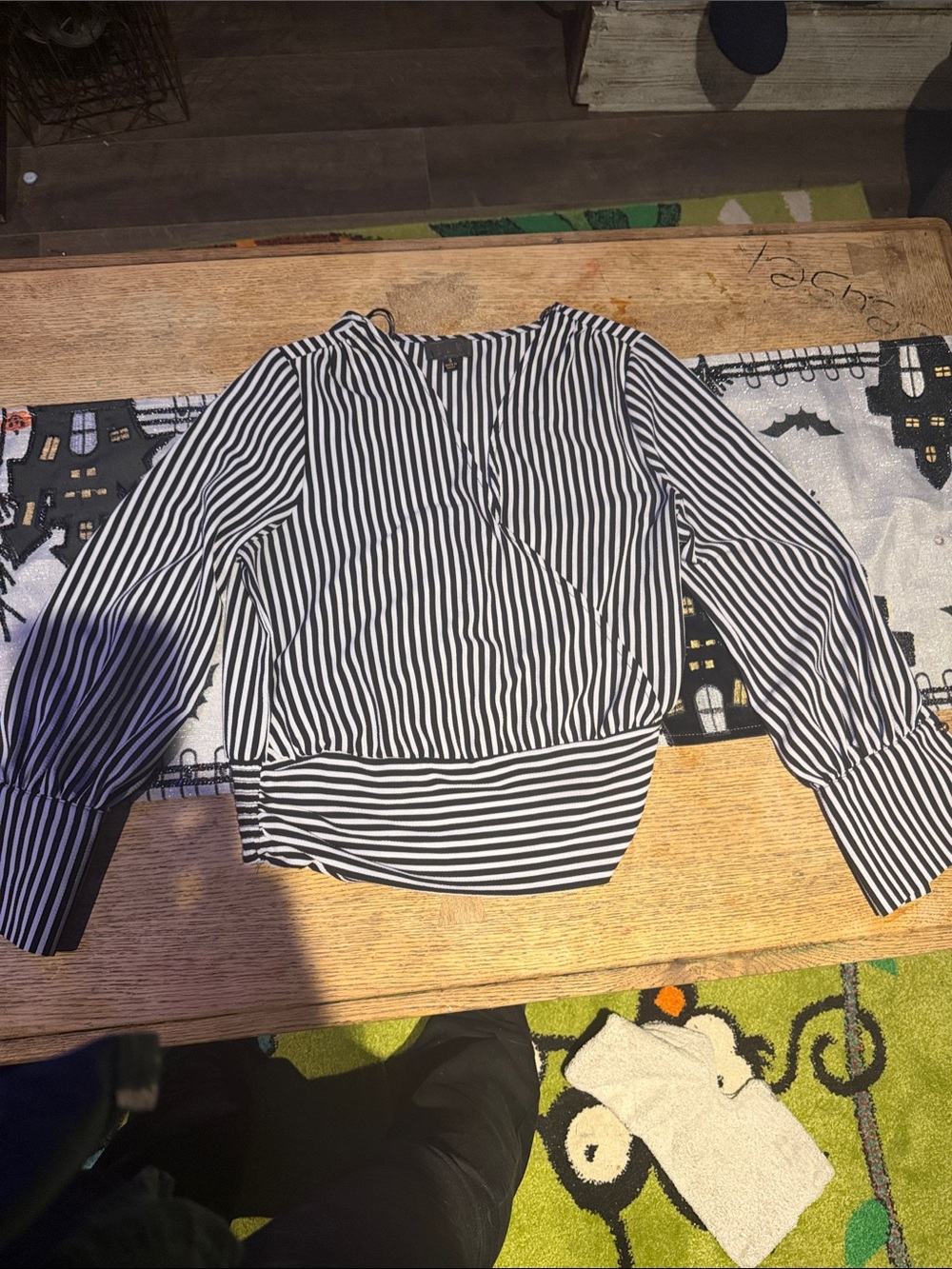 Striped Black and White Long-Sleeve Wrap-Front Blouse